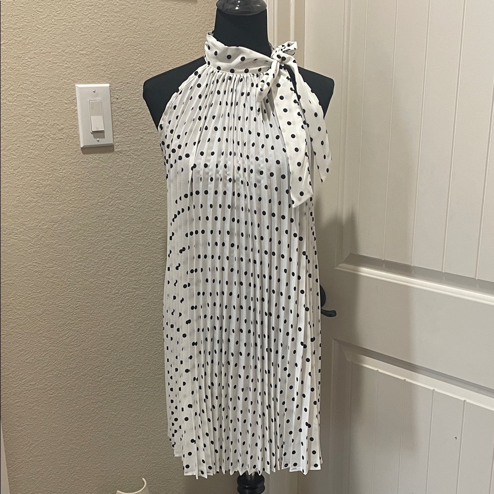 White Halter Polka Dot Pleated Dress